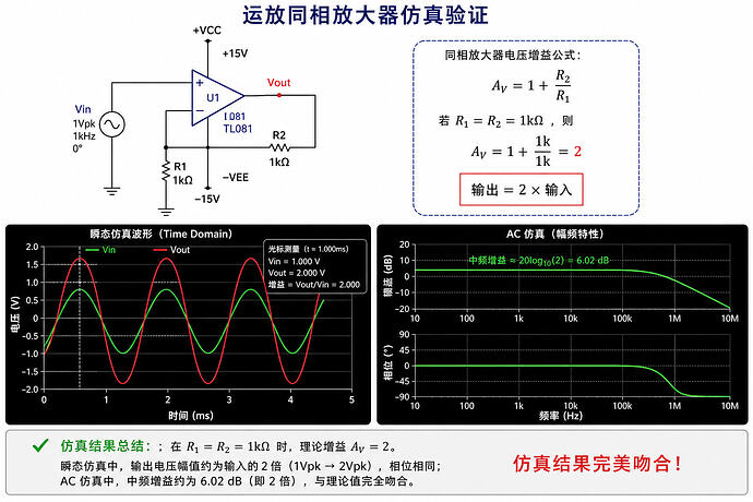 运放同相放大器仿真验证图